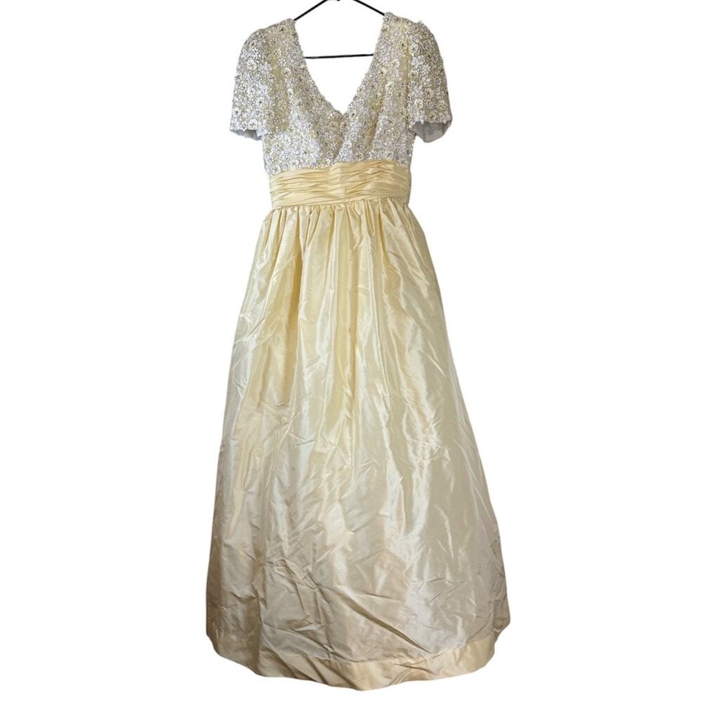 Vintage 60s Victoria Royal Ltd Beaded Evening Gown Yellow Formal Dress Sz 8